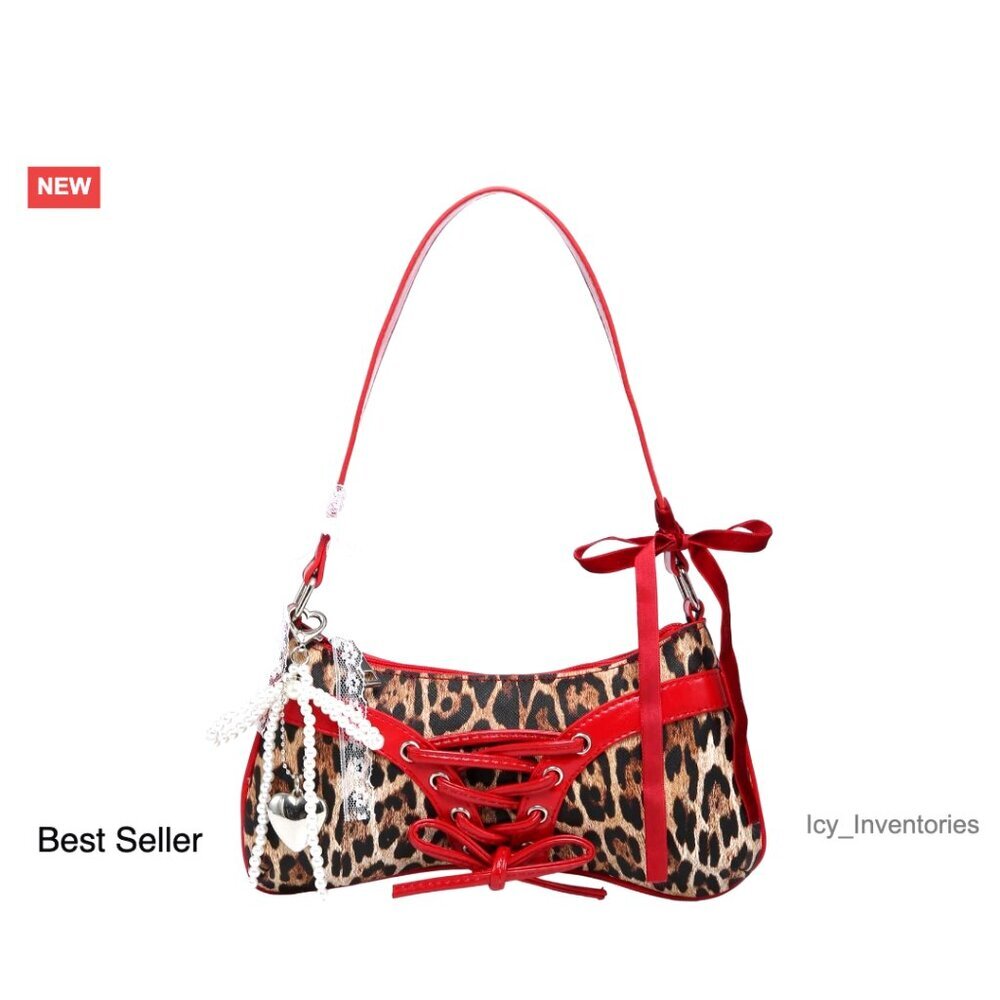 Y2K Vintage Shoulder Bag Lace Bow Tie PU Leather Kawaii Handbag Preppy